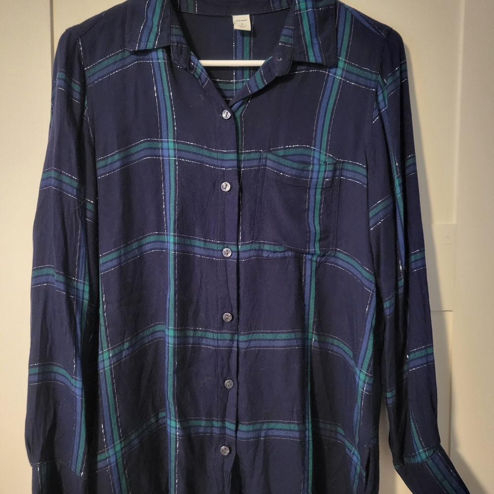 Old Navy Navy Blue Plaid Button-Down Shirt with Teal Stripes